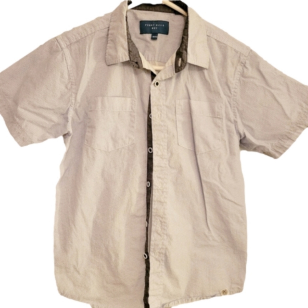 Perry Ellis Boy short sleeved button up collared shirt Blue White Print Sz10/12